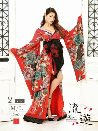 妖艶遊女花魁和柄ドレス【流遊】(M/L)(レッド)