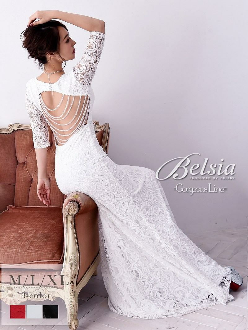 【Belsia】大きいサイズ完備!!背中見せ総レースロングドレス 五分袖タイトキャバクラドレス【ベルシア】
