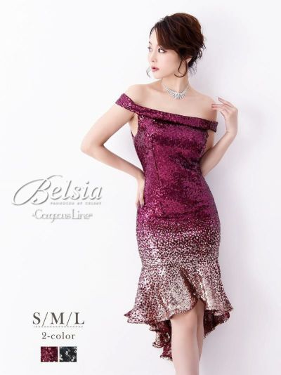 煌スパンコールオフショルミニドレス 膝丈マーメイドキャバドレス(S/M/L)(ブルー/レッド)【Belsia】