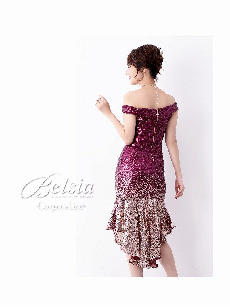 【Belsia】煌スパンコールオフショルミニドレス 膝丈マーメイドキャバドレス【ベルシア】