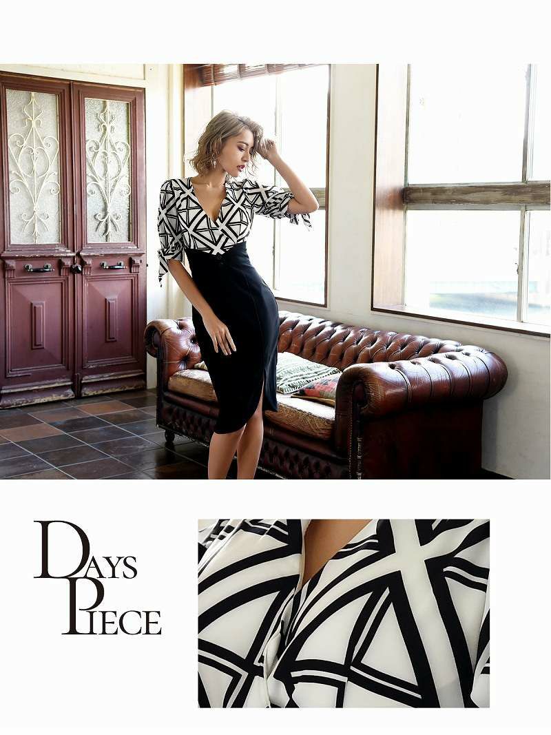 モノトーン幾何学柄五分袖キャバワンピース【DAYS PIECE/デイズピース】(S/M/L/XL)(ブラック)