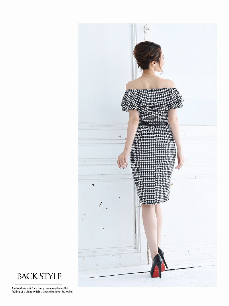 Belsia 大きいサイズ完備 千鳥柄オフショルワンピース 膝丈タイトキャバクラワンピース ベルシア Rew You リューユ