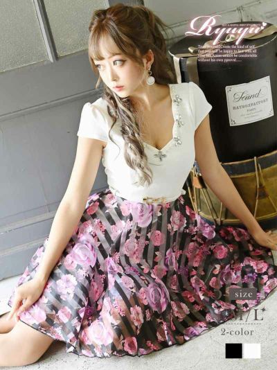 花柄袖付きフレアビジューキャバドレス みりちゃむ 着用ミニドレス【Ryuyu】(S/M/L)(ブラック/ホワイト)