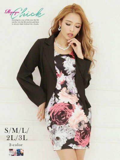 花柄ワンピースキャバクラスーツ【RyuyuChick】(S/M/L/2L/3L)(ブラック/ブラックB)