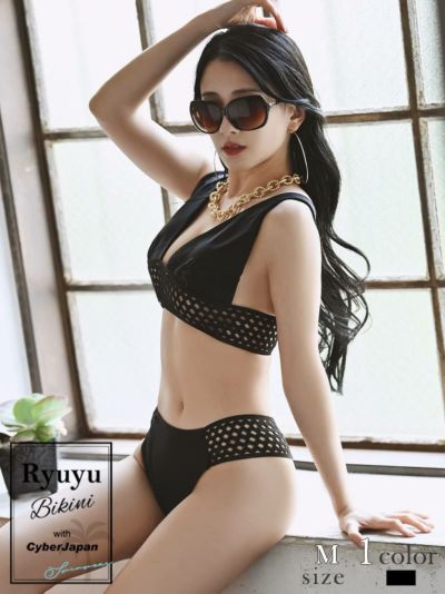 水着 レースバンテージ単色ブラジリアンデザイン単色ビキニ カットアウトデザイン無地水着(M)(ブラック)
