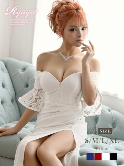 レース袖谷間魅せワンカラーロングドレス RIRI 着用キャバドレス【Ryuyu】(S/M/L/XL)(ブラック/ホワイト/ブルー/レッド)【サイズ別SALE!】