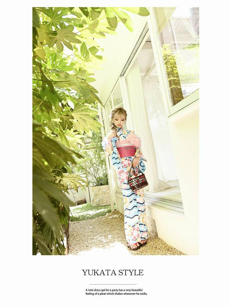 【即納】レトロ桜柄×水色大人かわいい派手浴衣 りせり 着用レディース浴衣3点セット