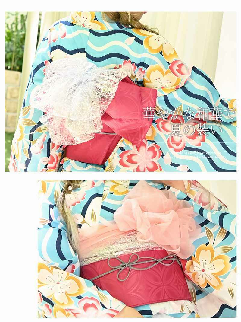 【即納】レトロ桜柄×水色大人かわいい派手浴衣 りせり 着用レディース浴衣3点セット