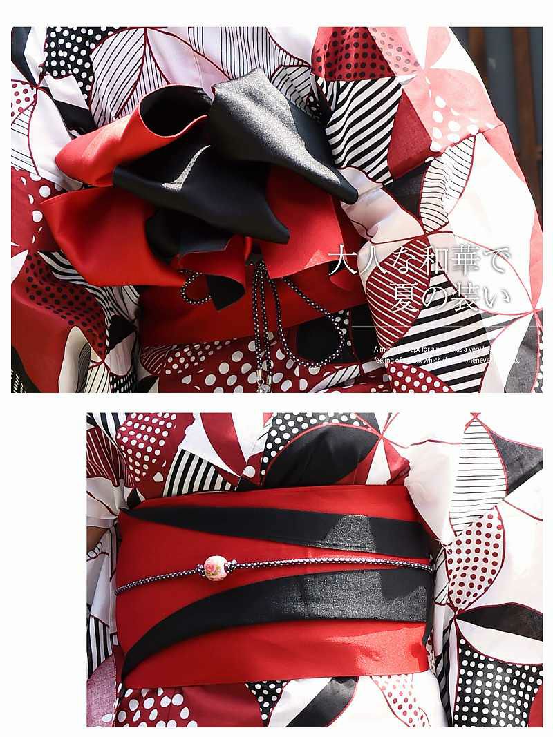 【即納】赤×黒×白クラシカル古典柄ゆかた レディース浴衣3点セット【Ryuyu/リューユ】