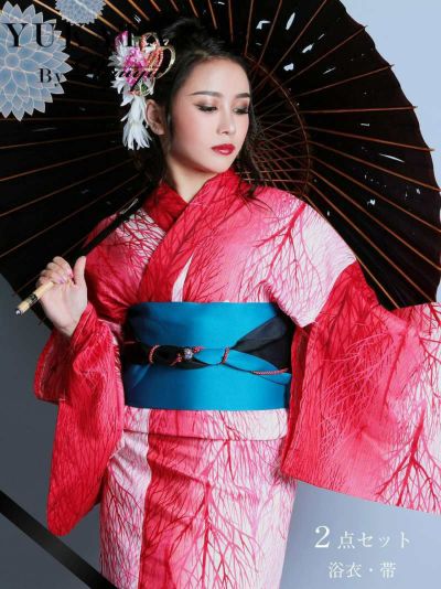 浴衣 赤グラデーション松柄レディース浴衣 えがさり 着用高級ゆかた2点セット(フリーサイズ)(レッド)