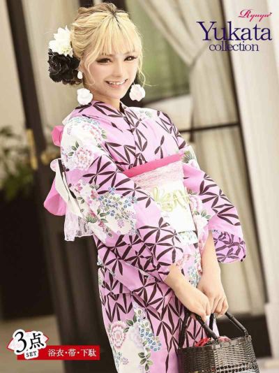 浴衣 ピンク紫ガーリー花柄 まぁみ 着用レディース浴衣3点セット(フリーサイズ)(ピンク)