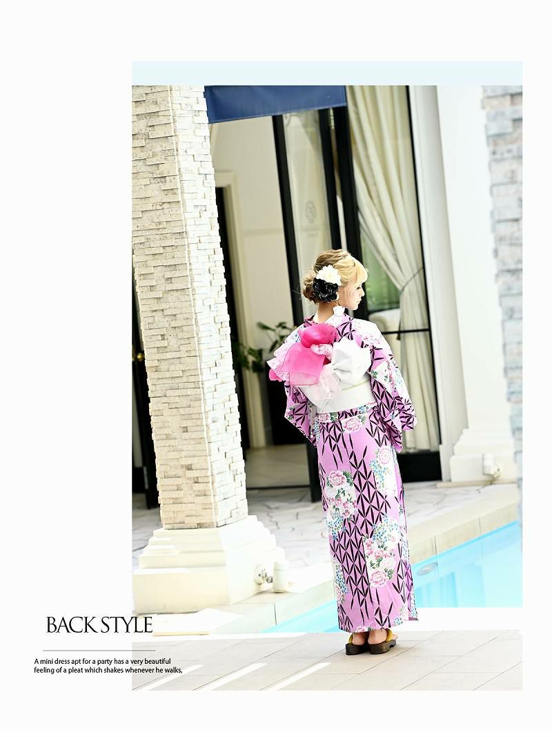 【即納】ピンク紫ガーリー花柄 まぁみ 着用レディース浴衣3点セット(フリーサイズ)(ピンク)