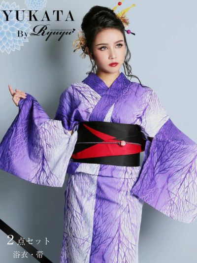 浴衣 2点セット紫グラデーション松柄キャバ浴衣 えがさり 着用 【Ryuyu】古典柄リバーシブル帯レディースゆかた(フリーサイズ)(パープル)