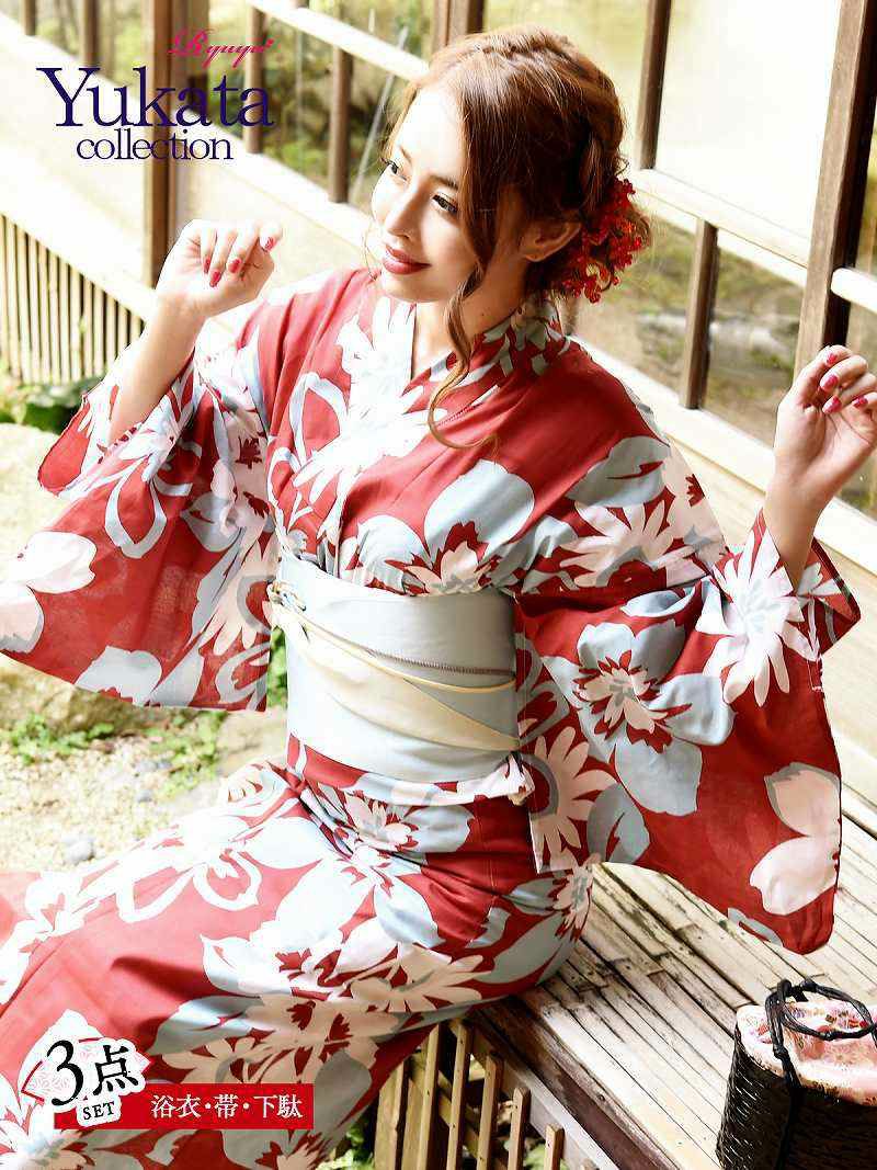 即納 赤 水色大判花柄模様キャバ浴衣 Riri 着用浴衣 レトロ風モダン柄レディース浴衣3点セット Rew You リューユ