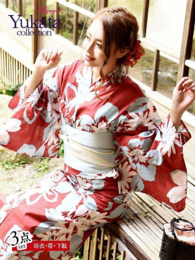 浴衣 赤×水色大判花柄模様レトロモダン浴衣RIRI 着用 レディースゆかた3点セット(フリーサイズ)(レッド)