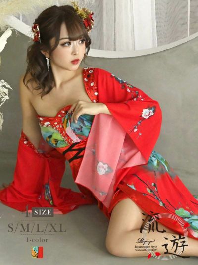 ベアデザイン赤色和花柄前ミニ和柄ドレス みりちゃむ 着用 キャバドレス 【流遊】(S/M/L/XL)(レッド)