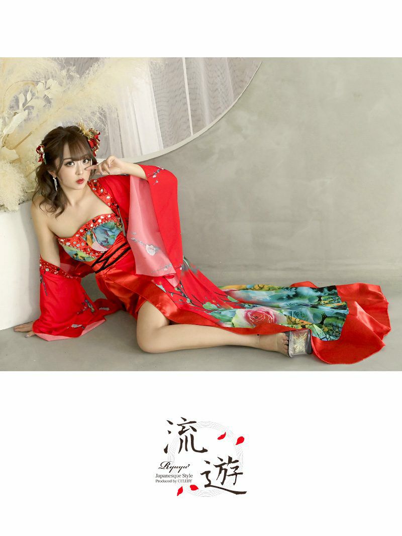 ベアデザイン赤色和花柄前ミニ和柄ドレス みりちゃむ 着用 キャバドレス 【流遊/りゅうゆう】