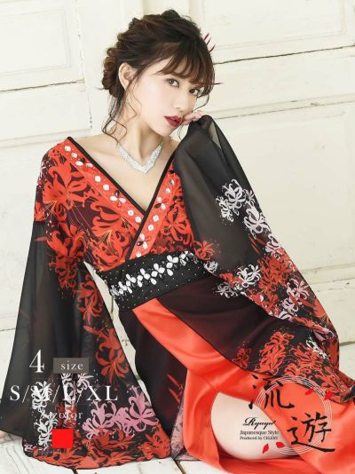 花魁シフォン中ミニ着物ロングドレス 加賀美早紀 着用キャバドレス【流遊】(S/M/L/XL)(レッド)