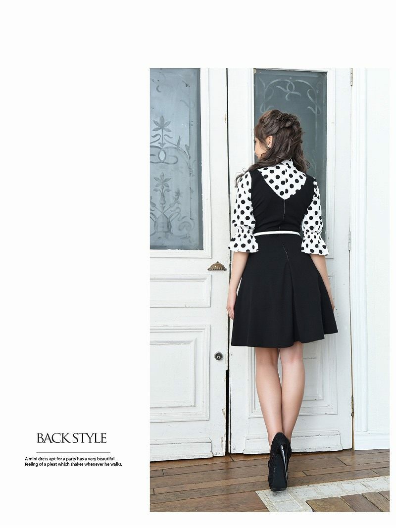 ドットレイヤードネックレス付きフレアミニドレス ゆきぽよ 着用キャバドレス【Ryuyu/リューユ】(S/M/L/XL)(ブラック)