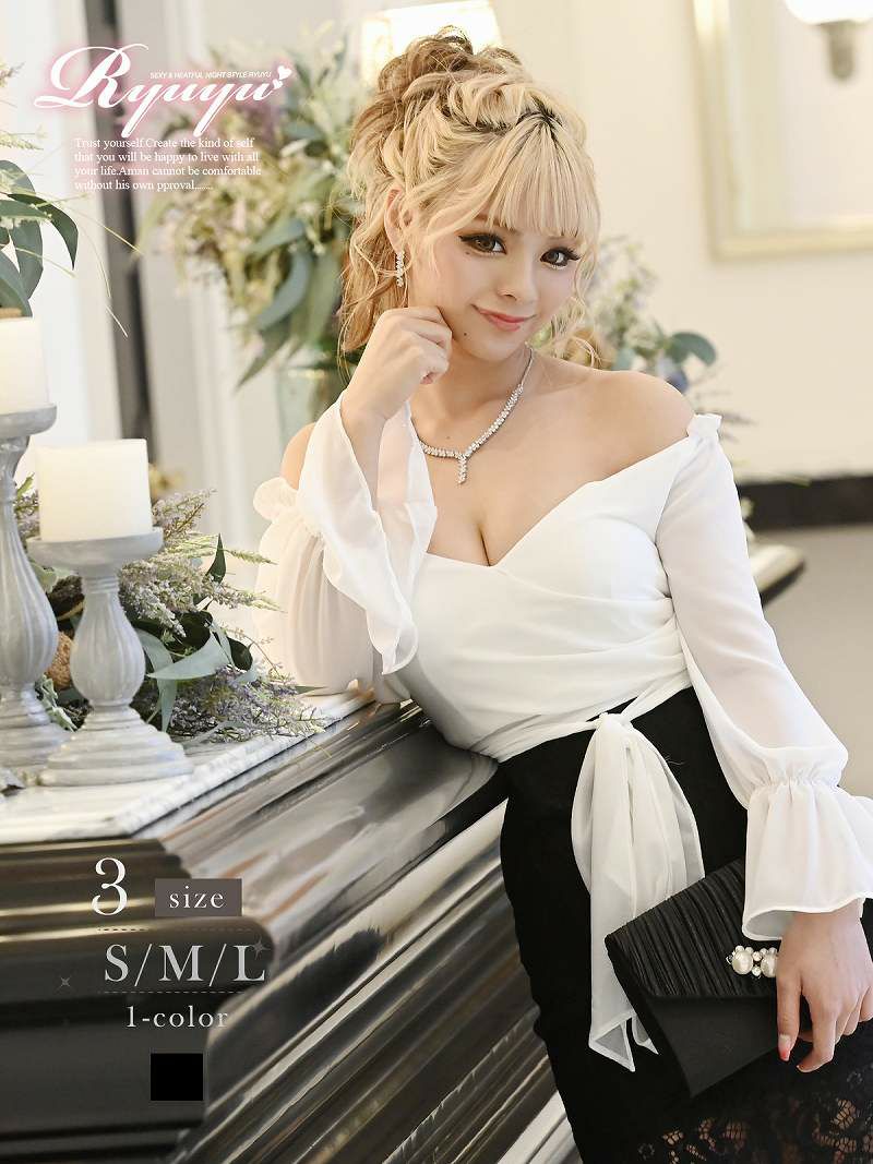 2WAYオフショルシフォンベアトップ付きミニドレス まぁみ 着用キャバクラドレス【Ryuyu/リューユ】(S/M/L)(ブラック)