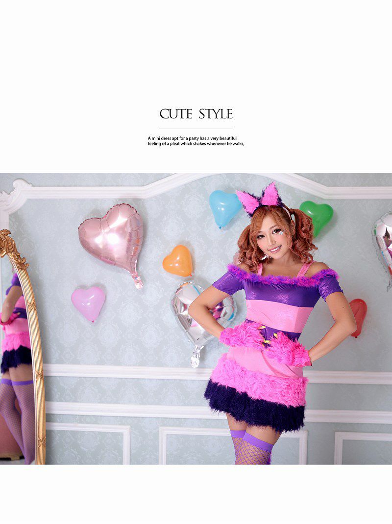 即納 キャバコスプレ2点セット 猫キャラふわふわコスプレ ピンク 紫猫ミニスカアニマルコスチュームハロウィンパーティーやイベントに Rew You リューユ