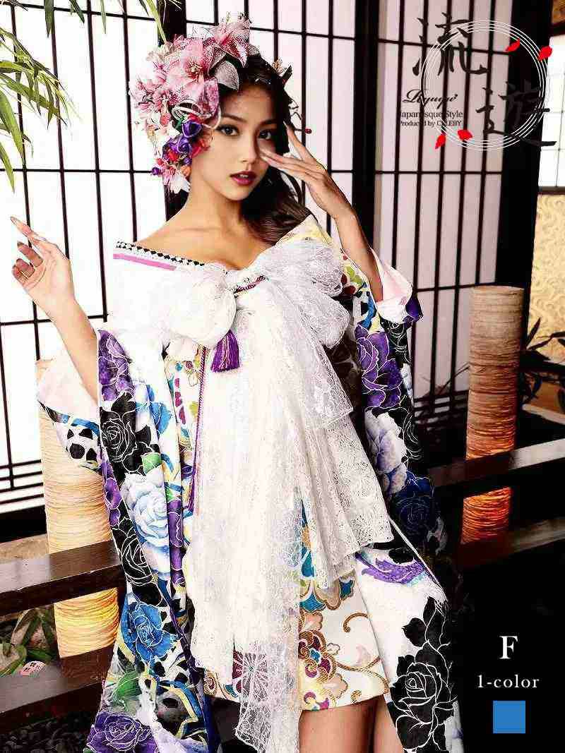 豪華18点フルコーデセット!!白地に薔薇柄の豪華花魁着物【流遊】 青和柄振袖コーデセットキャバクライベントや成人式に◎