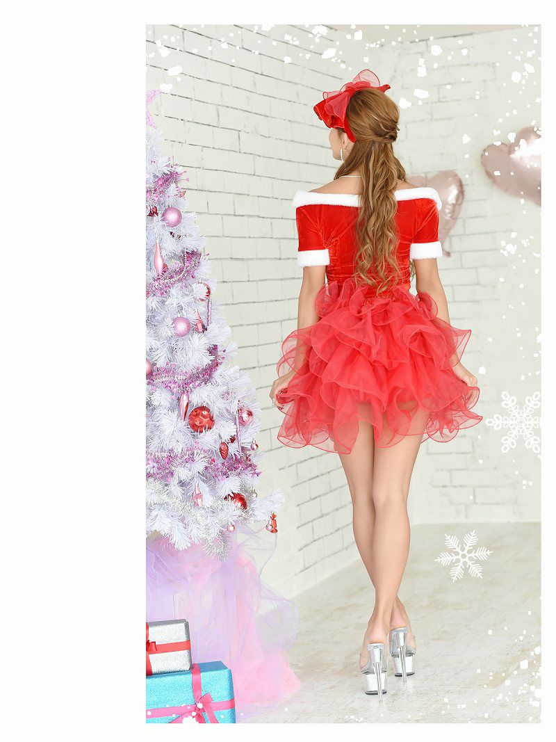 【即納】【サンタコスプレ3点セット】リボンボリュームチュチュスカート袖付きサンタコスプレ お腹魅せセットアップミニ丈サンタコス衣装キャバクライベントやクリスマスパーティーに◎