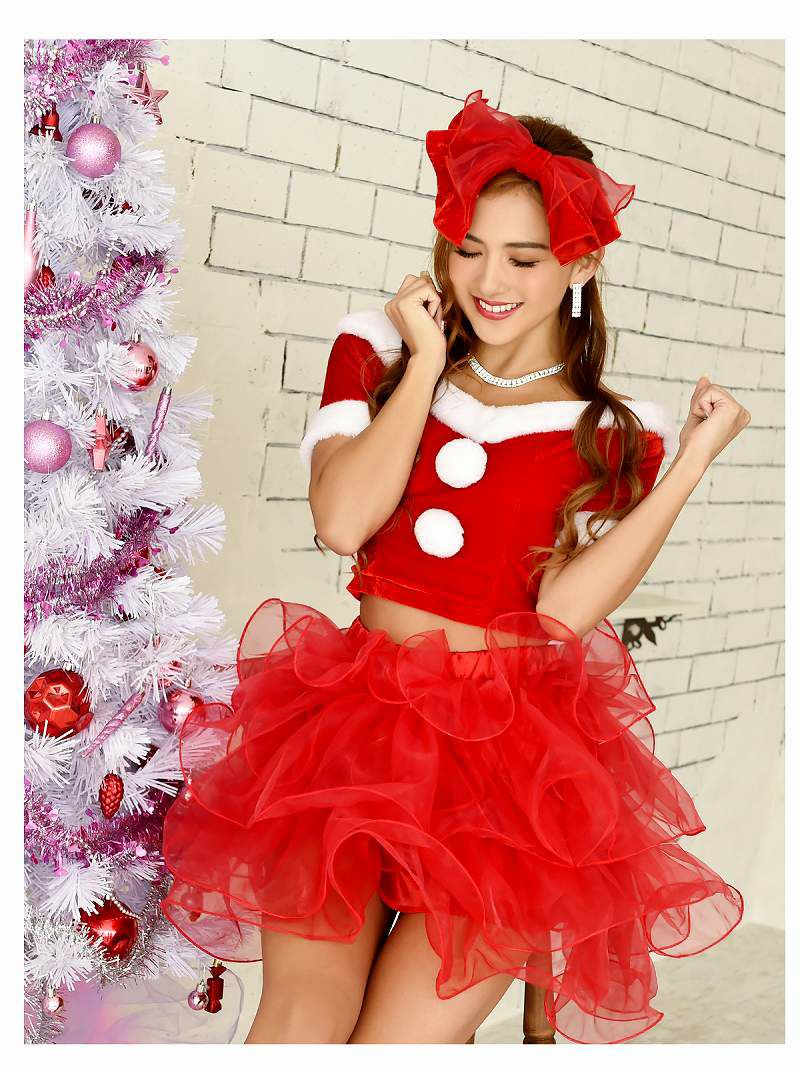 【即納】【サンタコスプレ3点セット】リボンボリュームチュチュスカート袖付きサンタコスプレ お腹魅せセットアップミニ丈サンタコス衣装キャバクライベントやクリスマスパーティーに◎