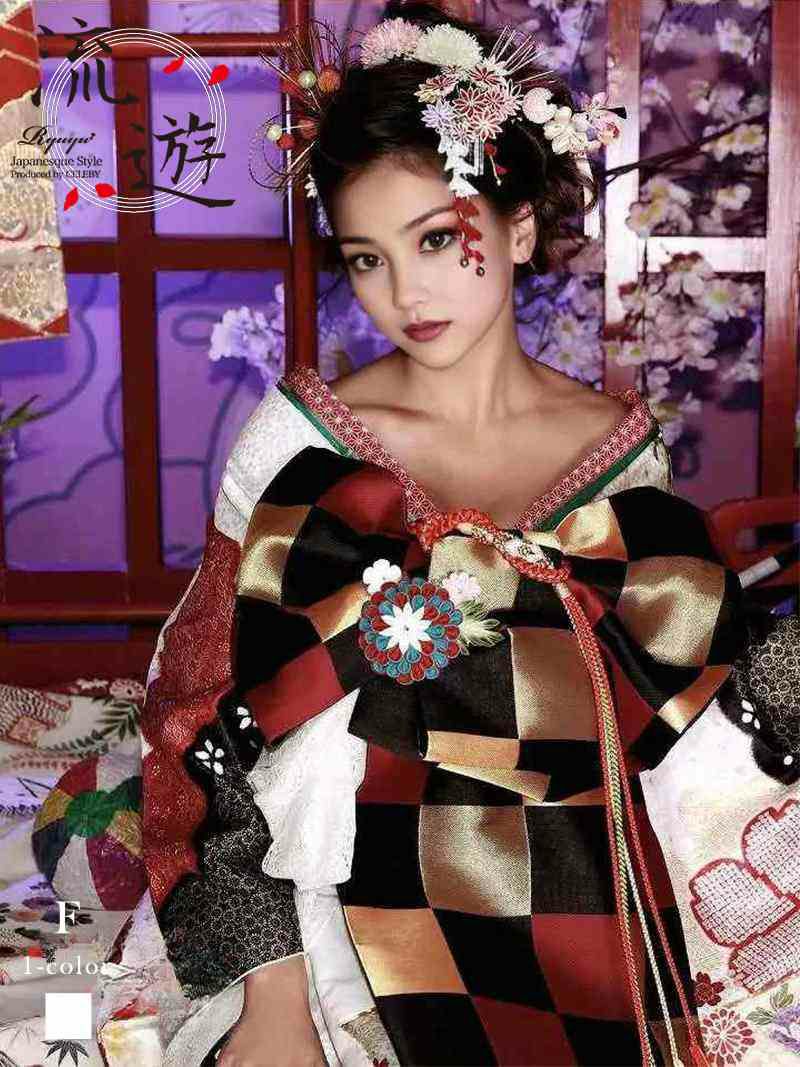 豪華18点フルコーデセット!!白地に桜と菊の華やかレトロ花魁着物【流遊】 本格和柄振袖コーデセットキャバクライベントや成人式に◎