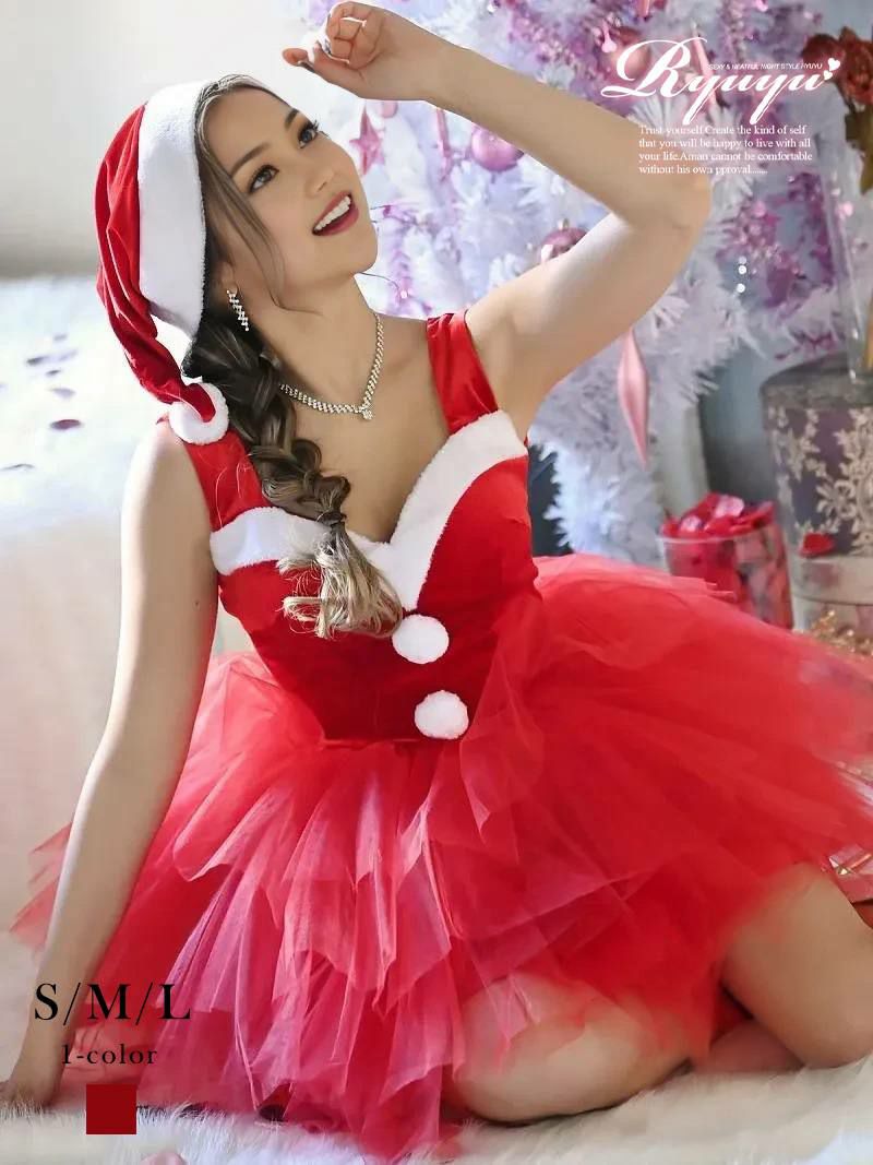 サンタコスプレ ボリュームパニエノースリーブ赤色ミニサンタコスプレ【Ryuyu】