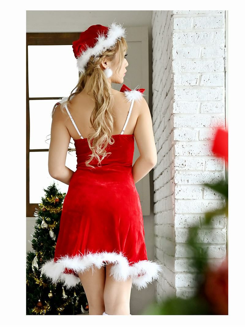 【即納】【サンタコスプレ3点set】リボンショルダーキャミ帽子付きサンタコスプレベロア赤サンタコスチュームキャバクラのクリスマスイベントでオトコ受け◎