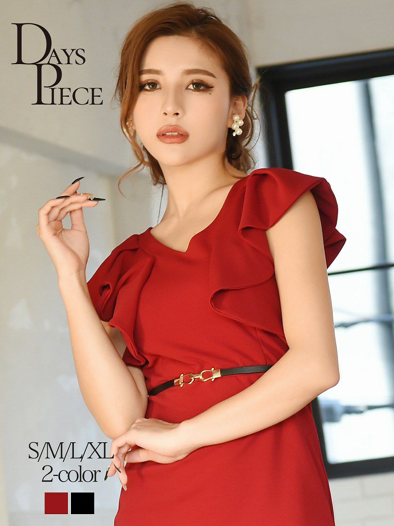 夏SALE￥7350→￥4410！ 大きいサイズ完備!!フリル袖ワンカラー膝丈タイトキャバドレス【DAYS PIECE】ストレッチ無地キャバワンピース【デイズピース】