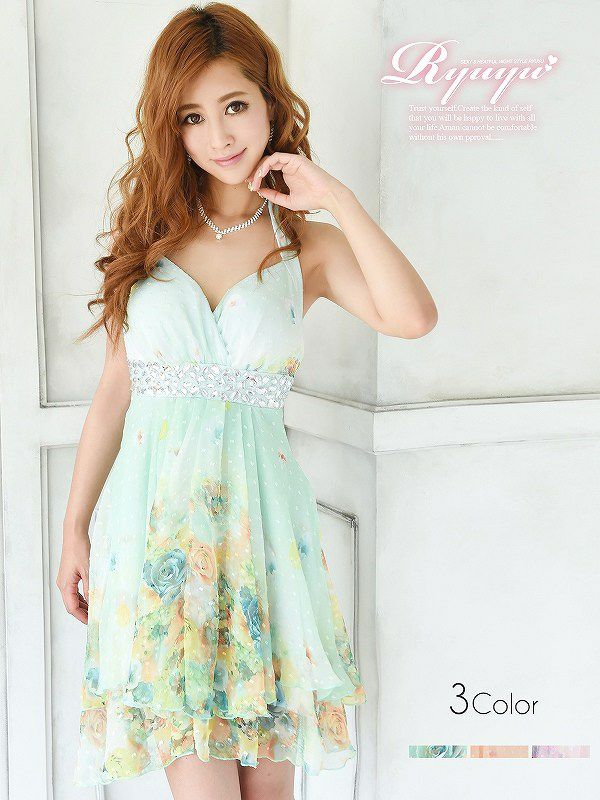 ホルターネック花柄フレアキャバクラドレス 青木りえ 着用キャバドレス キャバドレス【Ryuyu】【リューユ】ビジューAラインミニドレス