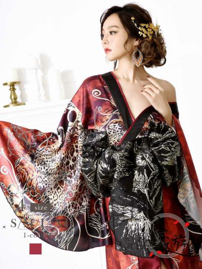 盛り帯ヒョウ柄赤和柄ドレス【流遊】(S/M/L/XL)(レッド)