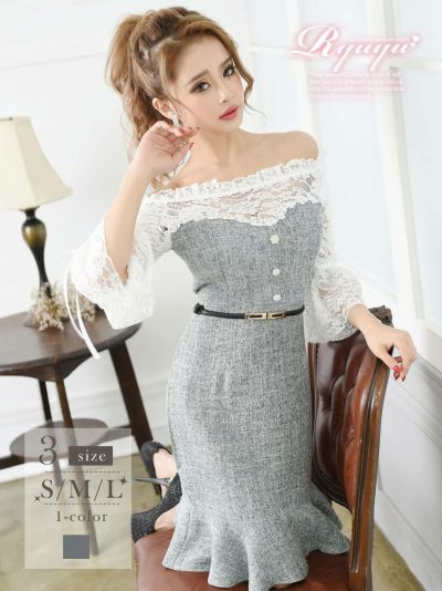 マーメイドライン花柄レース膝丈ミニドレス かとみか 着用キャバクラドレス【Ryuyu】(S/M/L)(グレー)
