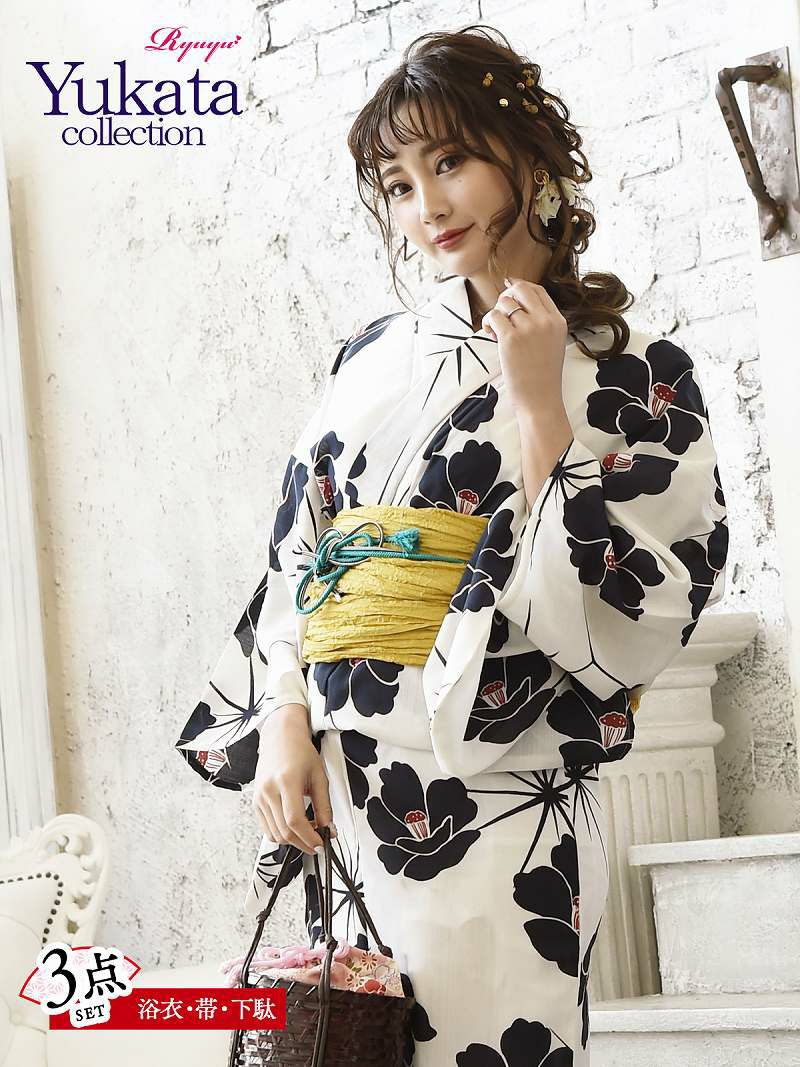 即納 白地 椿大人可愛い紺キャバ浴衣 シワ兵児帯シンプル浴衣3点セット Rew You リューユ