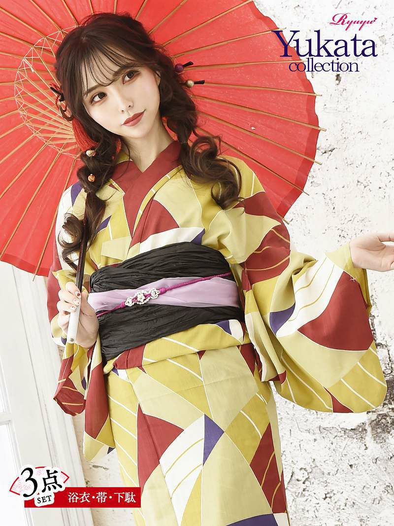 【即納】幾何学模様大正ロマンモードキャバ浴衣  レトロモダンオリーブ高級浴衣兵児帯3点セット