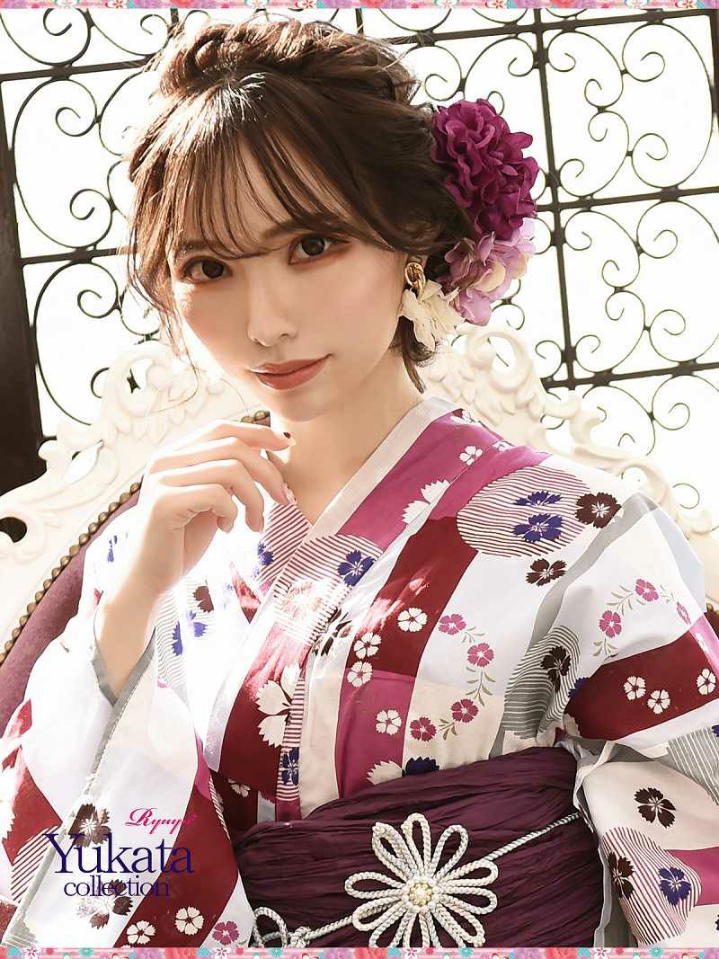 【即納】トールサイズ フラワーレトロ桜×ストライプレディース浴衣2点セット