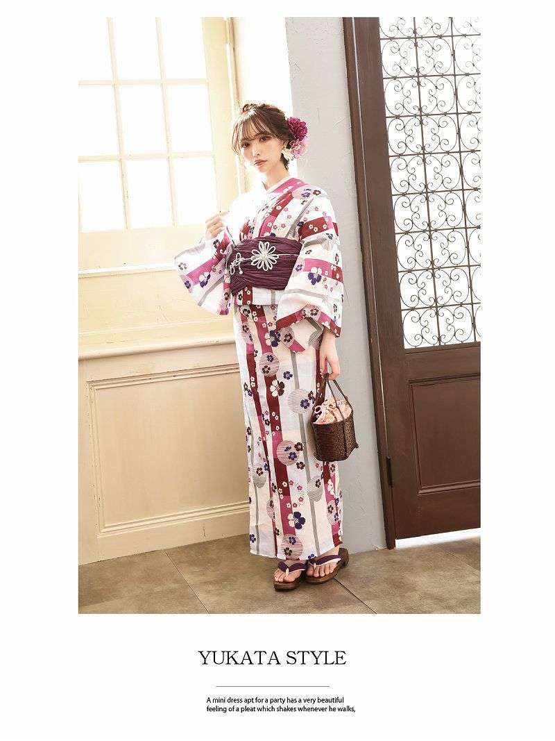【即納】トールサイズ フラワーレトロ桜×ストライプレディース浴衣2点セット