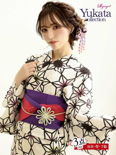 浴衣 お得な3点セット!!大人配色花柄フラワーキャバ浴衣 【Ryuyu】setでお得なレトロレディースゆかた(フリーサイズ)(ホワイト)
