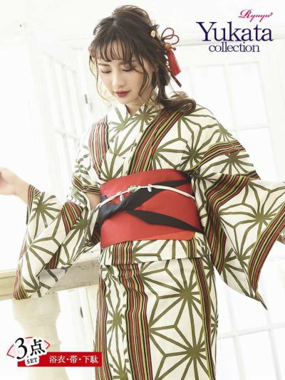 浴衣 粋なモダン麻の葉×白地古典柄キャバ浴衣 定番シック白地ゆかた3点セット