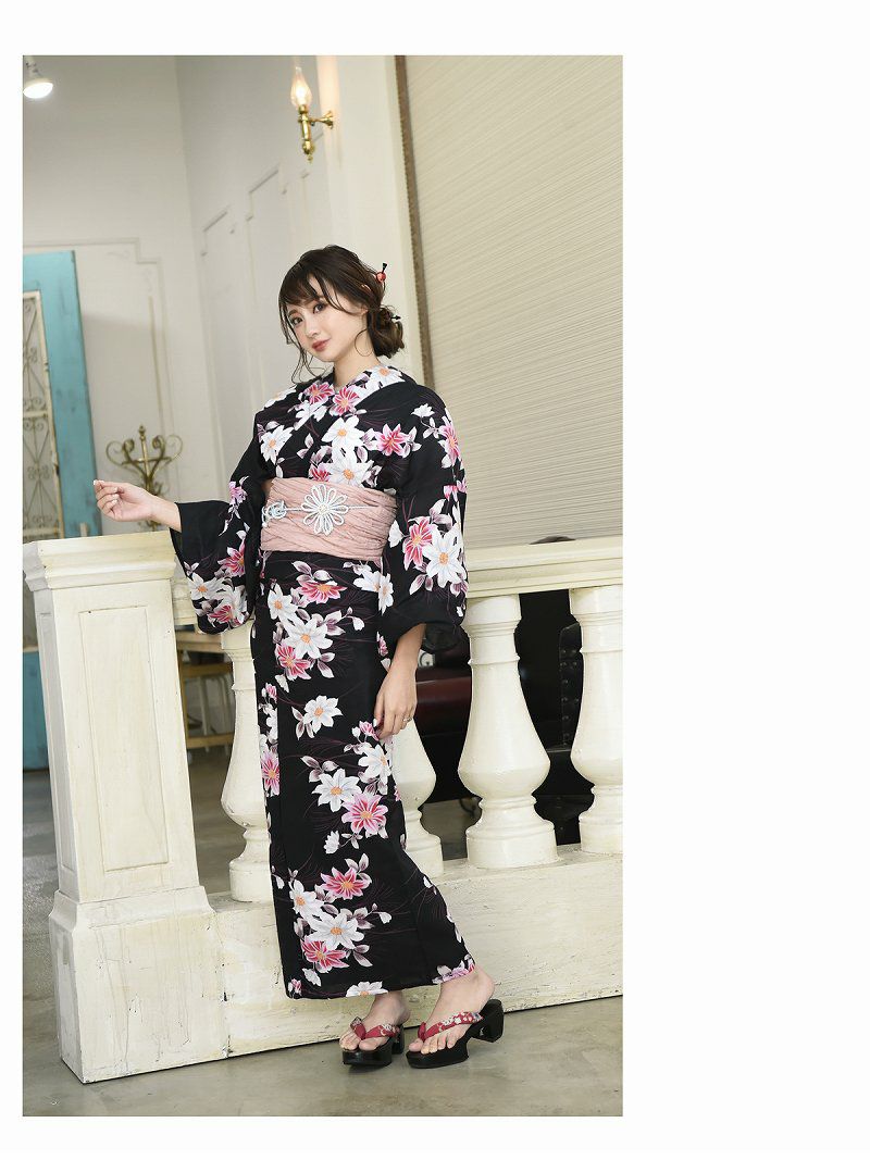 即納 トールサイズ浴衣 黒地 ピンク花柄模様キャバ浴衣 高身長さんやグラマラスさんにオススメ2lサイズ浴衣 Rew You リューユ