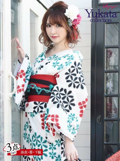 浴衣 白地に映える小花柄3点セットキャバ浴衣【Ryuyu】お祭りやイベントで活躍半巾帯付きレディースゆかた(フリーサイズ)(ホワイト)