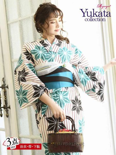 浴衣 白地×麻の葉ストライプキャバ浴衣【Ryuyu】レトロモダンな半巾着、下駄3点セットゆかた(フリーサイズ)(ホワイト)