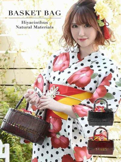 2wayで使える!!花柄大きめかごバック浴衣小物【Ryuyu】(フリーサイズ)(イエロー/ブラック)