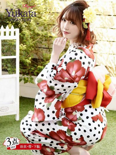 海の日SALE￥7980→￥6980！ 浴衣 ドット×椿が映える白地キャバ浴衣【Ryuyu】おしゃれなレトロモダン半巾帯3点セットレディースゆかた(フリーサイズ)(ホワイト)