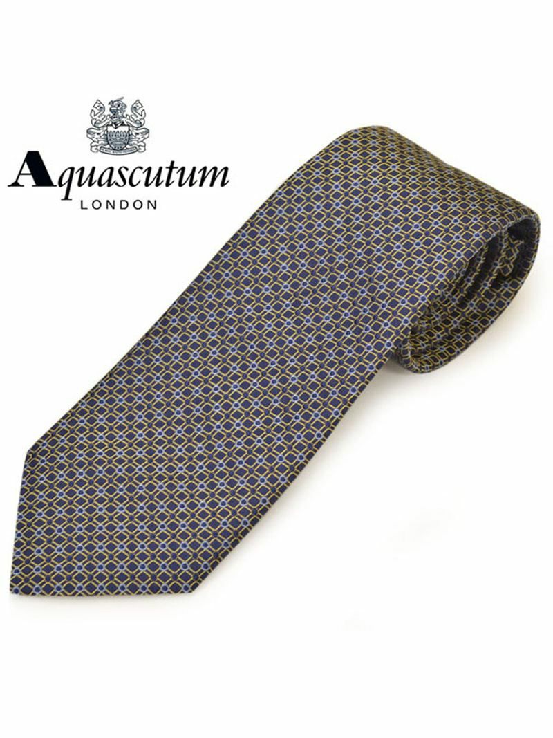 ネクタイ アクアスキュータム メンズ Aquascutum スクエアドット柄シルクネクタイ(サイズ剣幅8cm)eam20s009 AQSS327-5 ネイビー×イエロー OEO