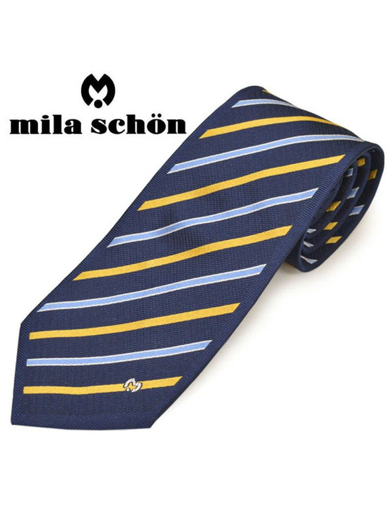 ネクタイミラ ショーン メンズ mila schon ストライプ柄シルクネクタイ(サイズ剣幅9cm)ems20s006 11902-3  ネイビー×イエロー OEO | Rew-You(リューユ)