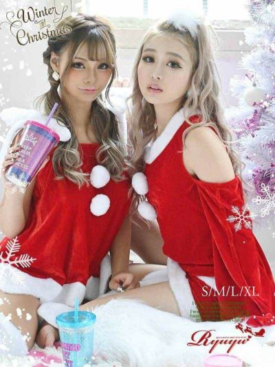 サンタコスプレ 萌え袖アシンメトリーおうちサンタコスプレ2点セット ゆずは 着用キャバサンタ【Ryuyu】(S/M/L/XL)(レッド)