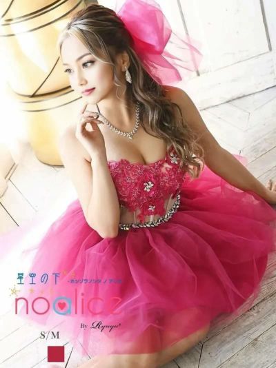 オーロラビジュー花柄刺繍ベアピンクフレアキャバドレス ミニドレス【noalice】(S/M)(ピンク)